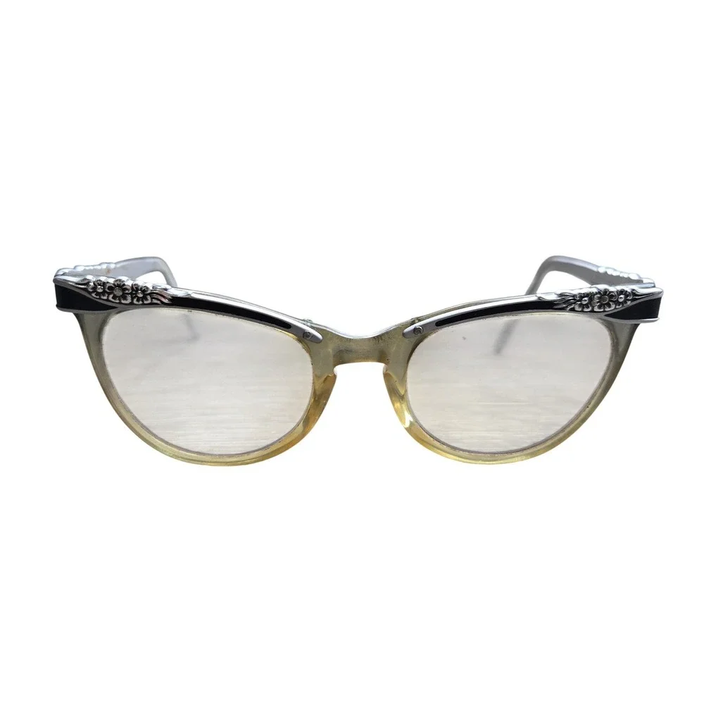 Vintage American Optical Cat Eye Eyeglasses Frame Only Silver Floral Black 5 1/2